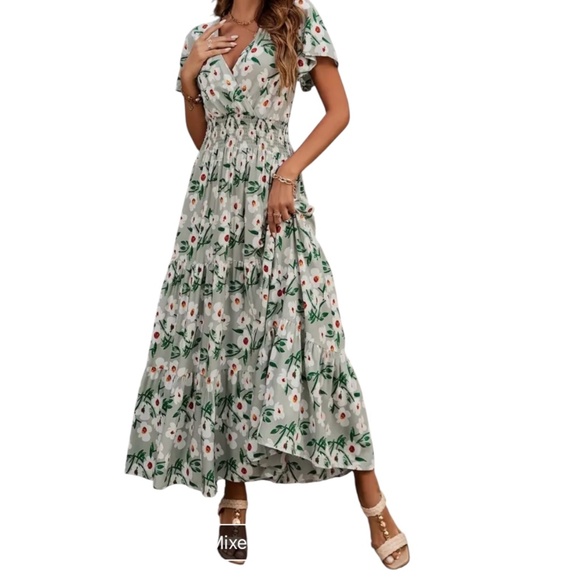 Women’s Floral Print V-Neck Maxi Dress - Picture 1 of 7